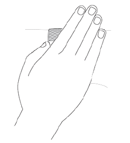 Illustration of a watch on a wrist being covered with the palm of the person's other hand